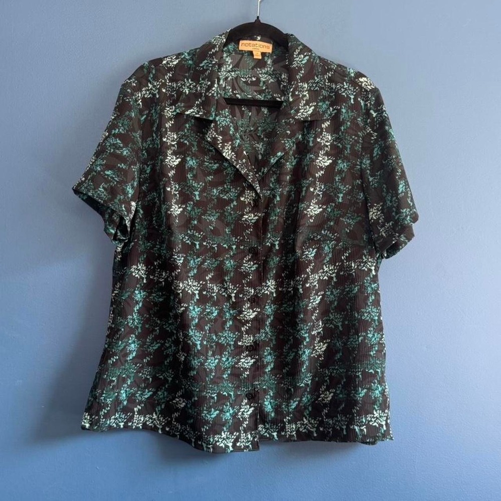 Y2K Floral Patterned Blouse Women's Plus Size 1X Black Blue Teal Notations